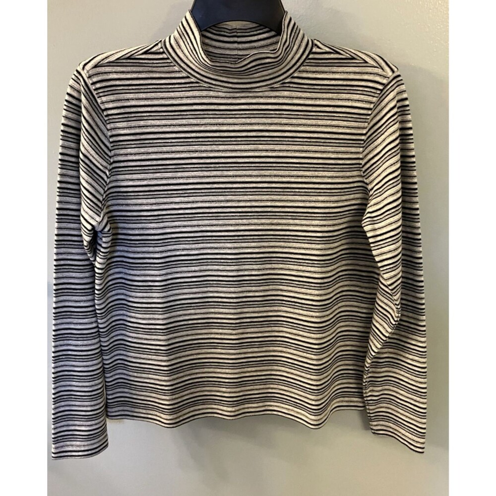 Studio Works Petite Sparkle Mock Turtleneck Black/Grey/White Striped Top Size PS